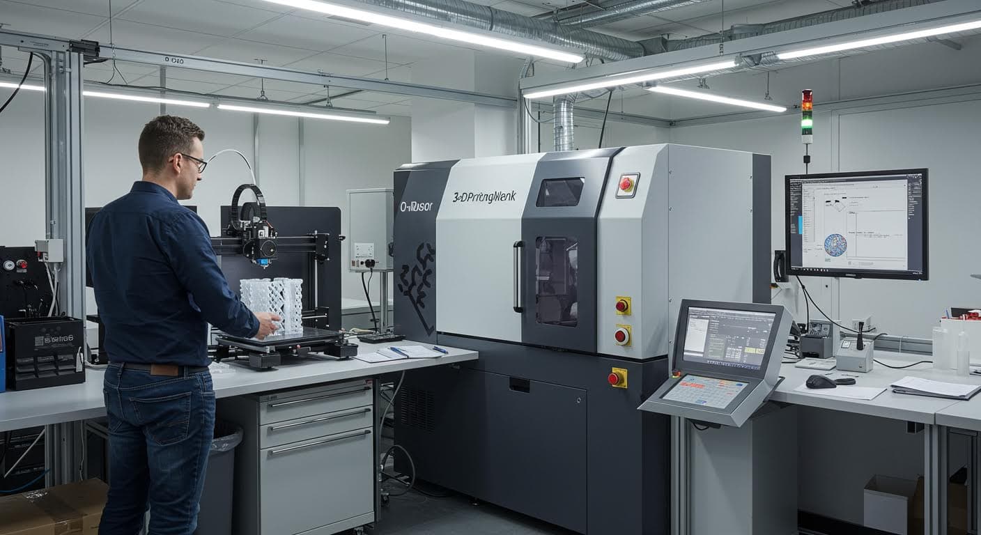 Visuelle Darstellung eines Labors mit 3D-Druck-Equipment, fokussiert auf Technologie und Materialien, hochauflösend