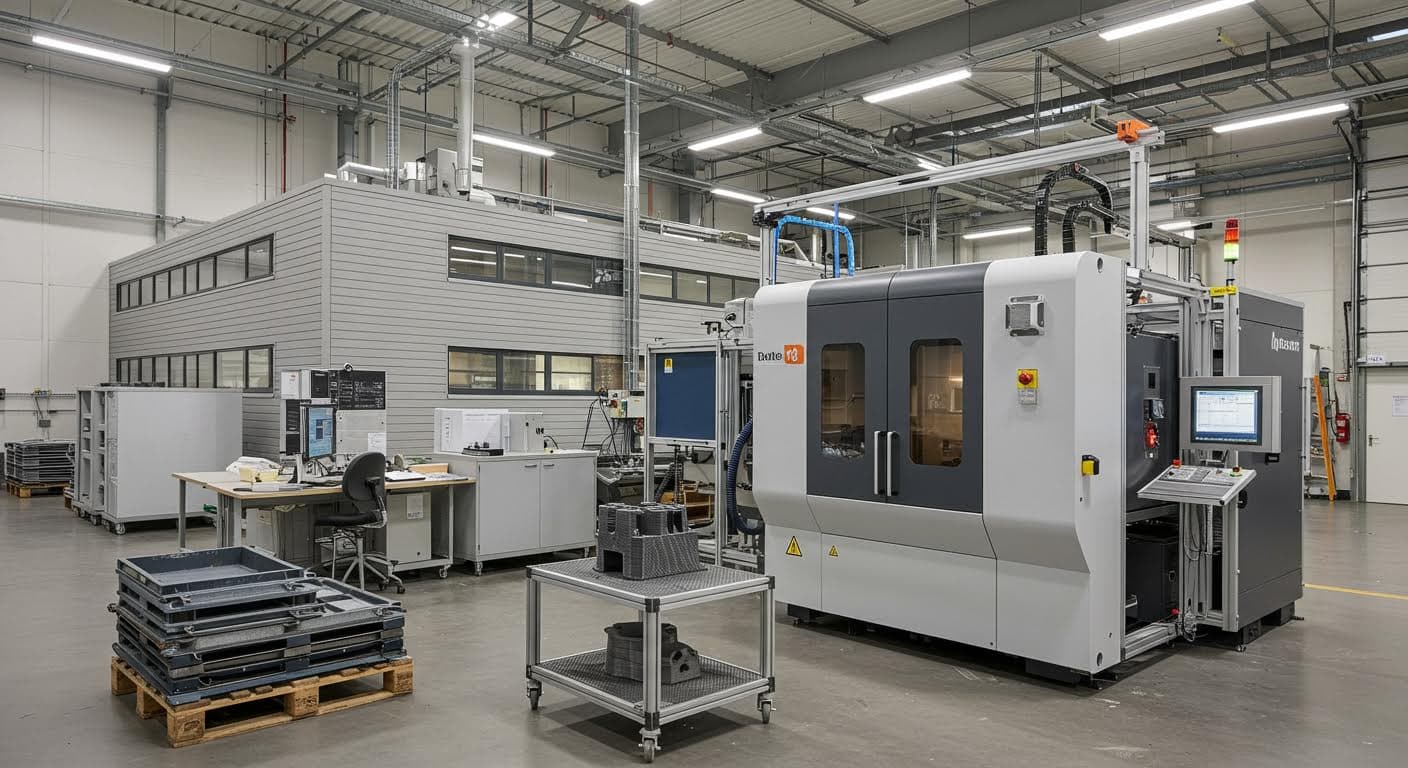 Außenansicht eines modernen Fertigungsgebäudes in süddeutscher Landschaft, symbolisierend regionale Industrie, ohne Logos