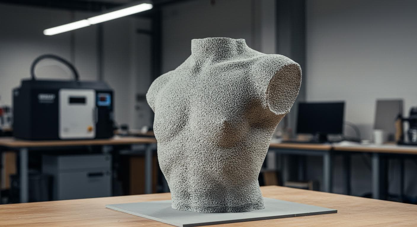 Nahaufnahme eines 3D-gedruckten Skulpturmodells mit detaillierter, texturierter Oberfläche in professioneller Industriefotografie, hochauflösend, ohne jegliche Texte oder Logos