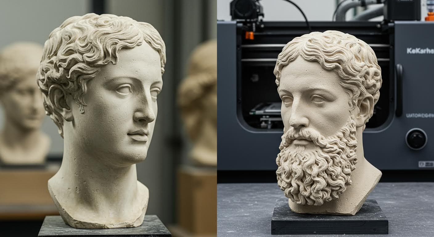 Vergleichende Aufnahme einer historischen Skulptur neben einer modernen 3D-gedruckten Reproduktion, fokussiert auf Oberflächendetails, magazin-taugliche Qualität