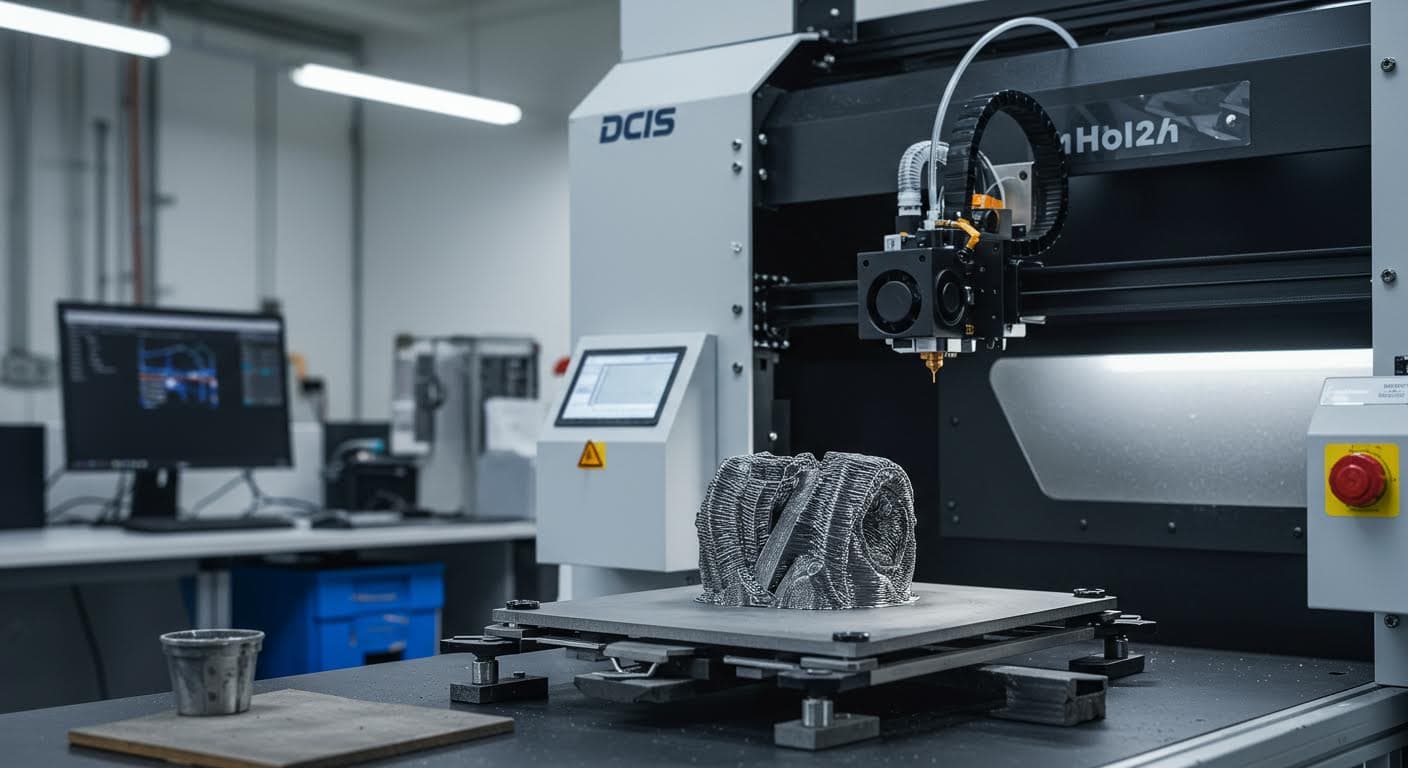 3D-Drucker im Betrieb, der Metallpulver verarbeitet, reine visuelle Darstellung von Technologie ohne Beschriftungen