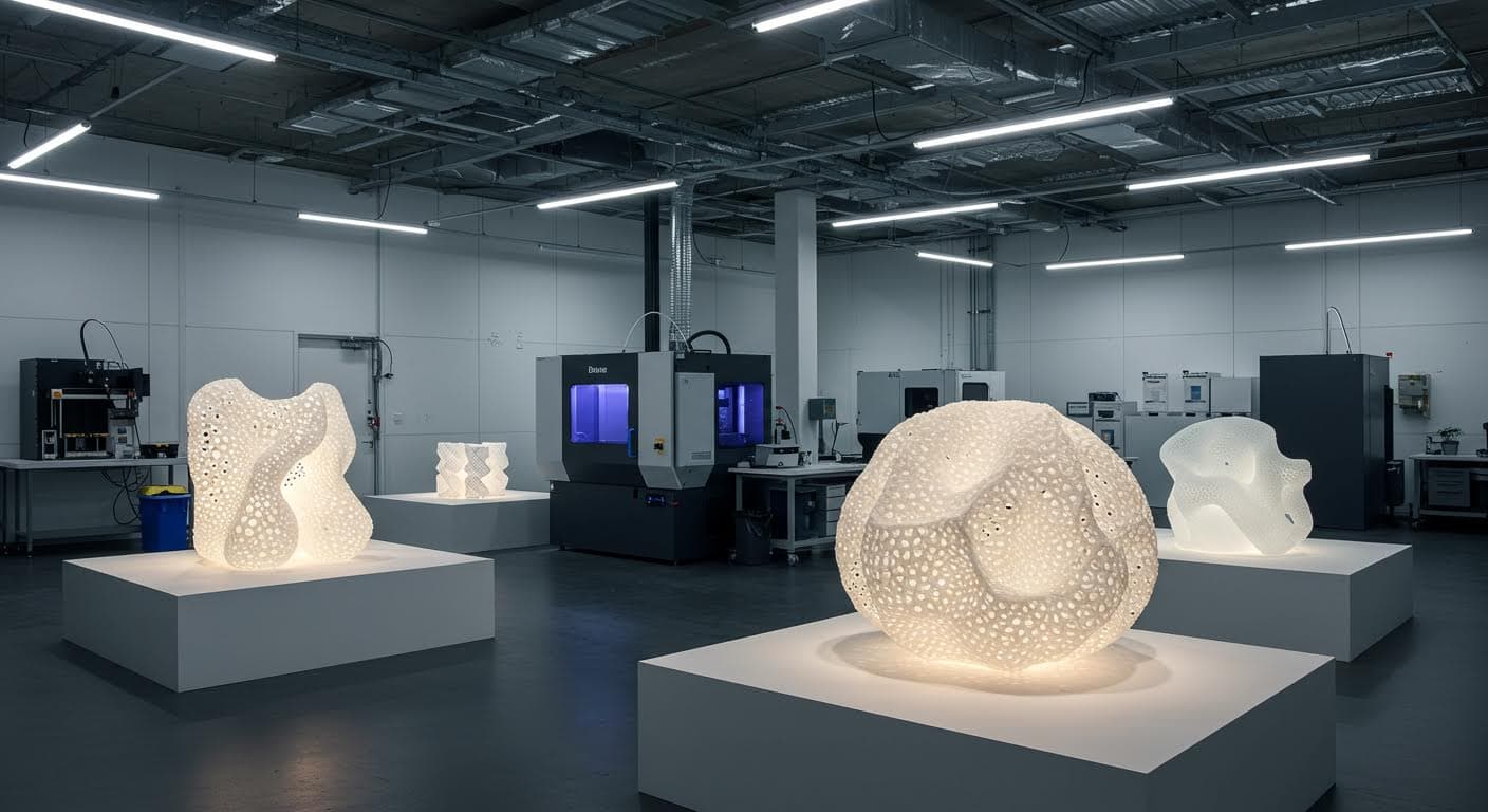Ausstellungsraum mit beleuchteten 3D-gedruckten Skulpturen, professionelle Fotografie betont Licht und Schatten auf Oberflächen