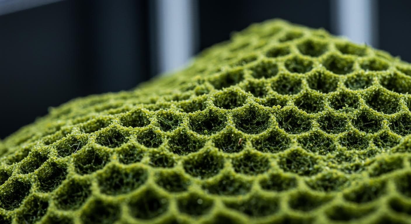 Detaillierte Makroaufnahme einer 3D-gedruckten Kunstinstallation mit organischen Texturen, hochauflösend und textfrei