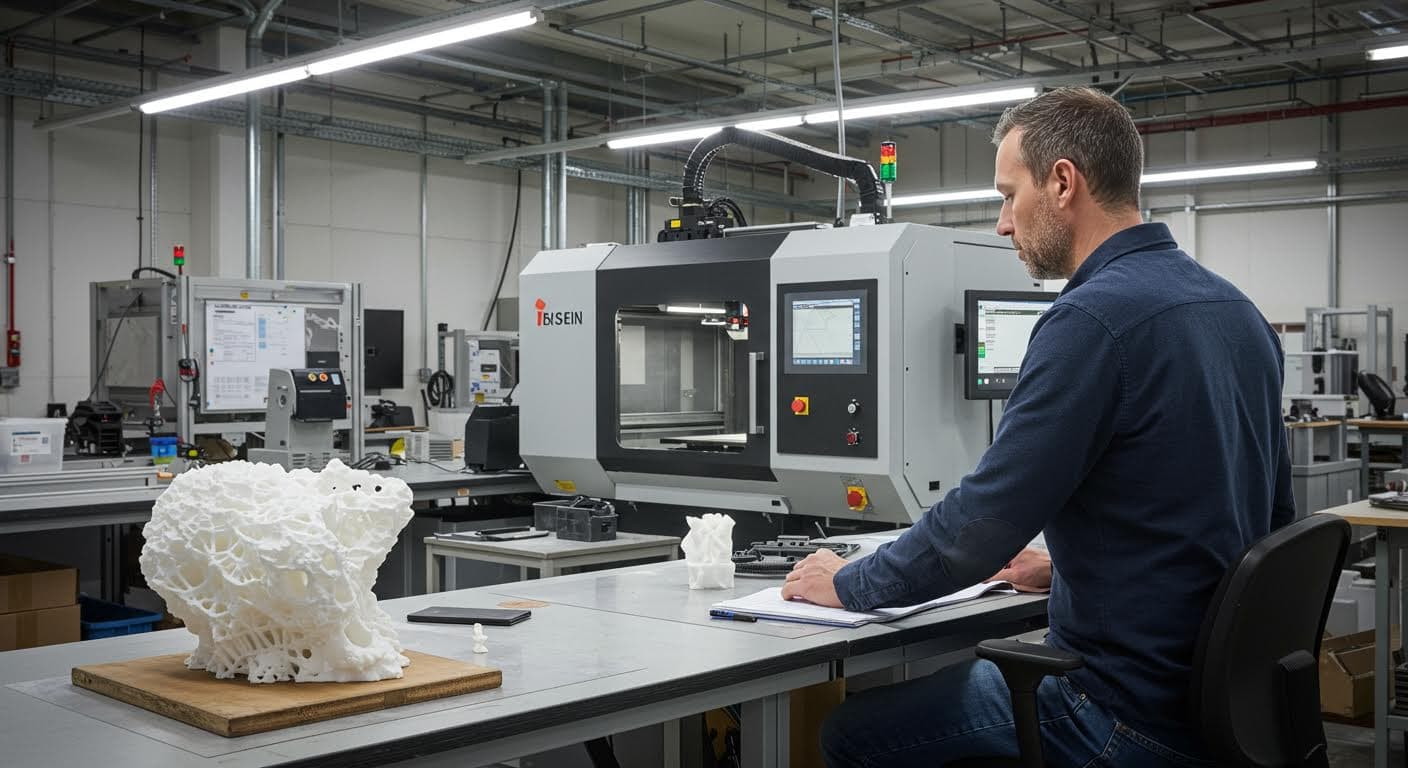 Visuelle Darstellung eines regionalen 3D-Druck-Prozesses in einer Fabrikumgebung, Fokus auf Equipment und Ergebnisse ohne Schrift